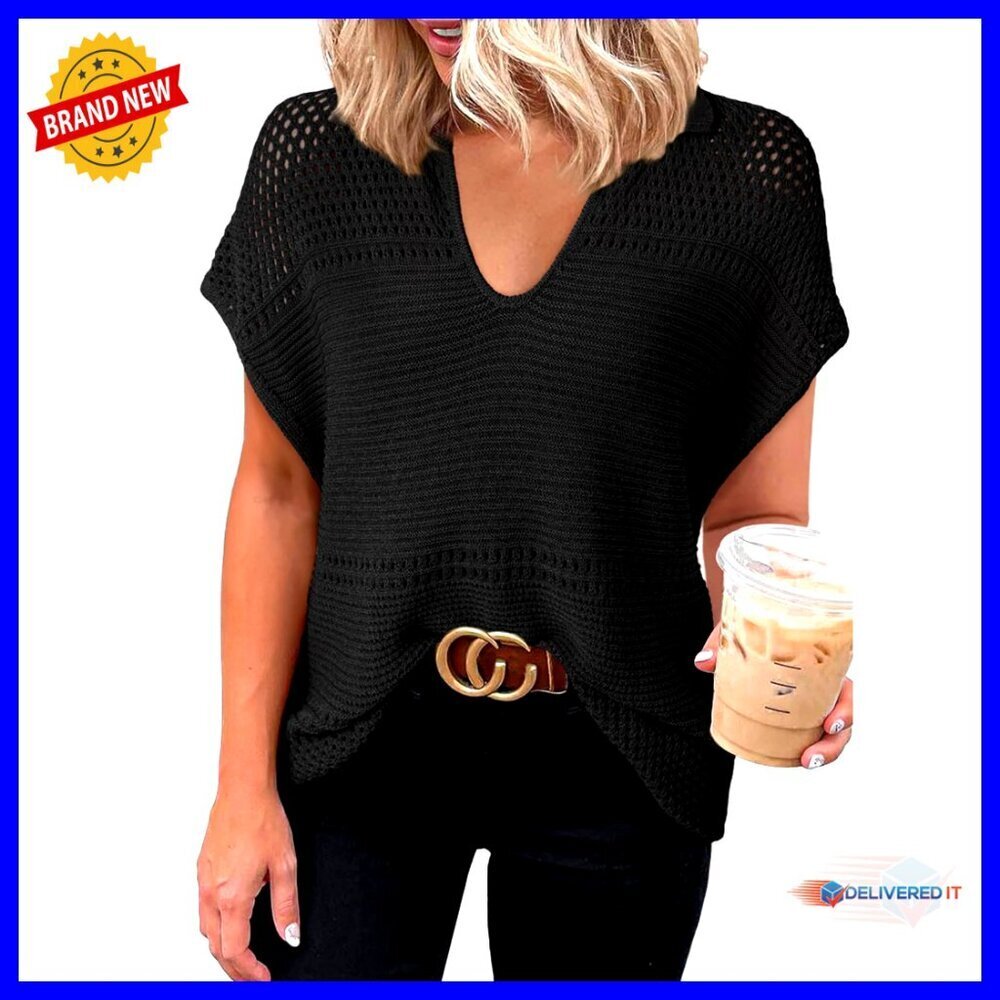 V-Neck Crochet Sweater Short Sleeve Loose Fit Boho Chic Summer Top